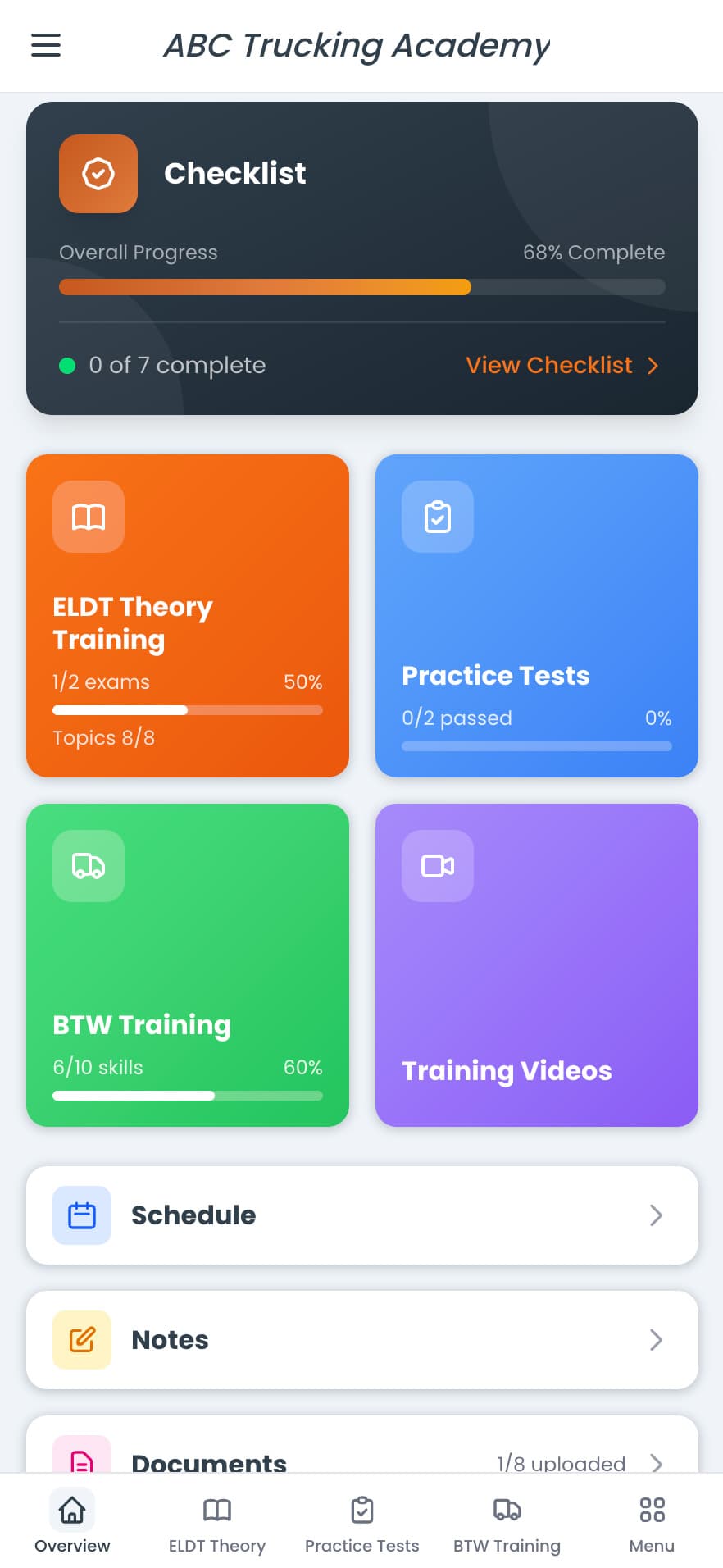 The student portal on a phone: checklist, training features and progress